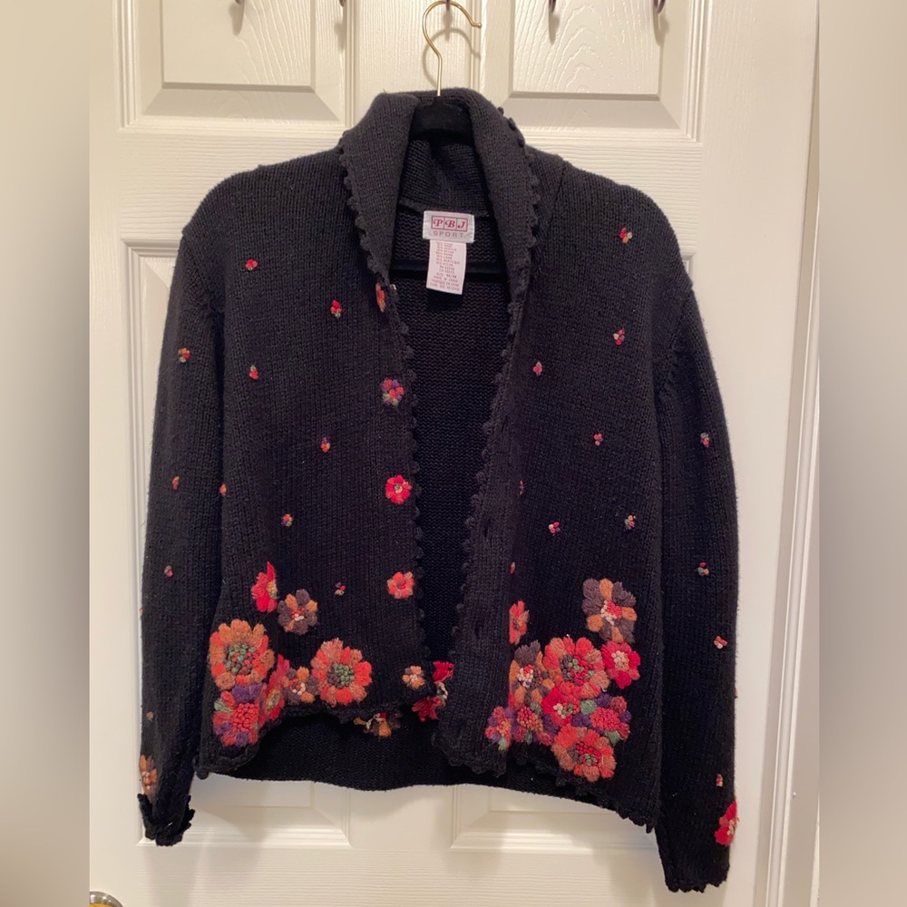 Vintage PBJ Sport Black Floral Embroidered Cardigan